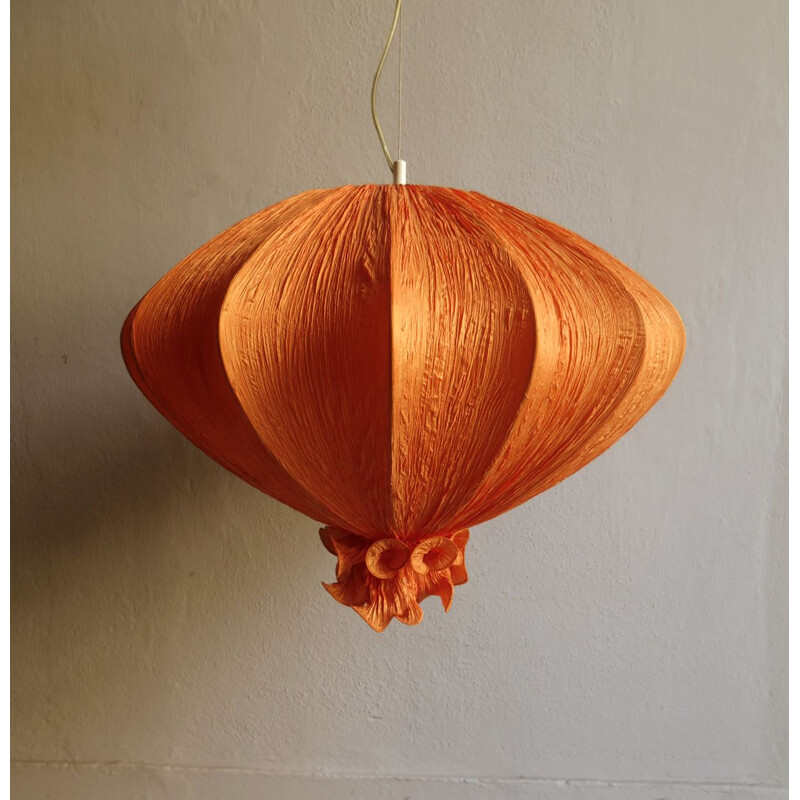 Large vintage pendant lamp in orange silk 1960