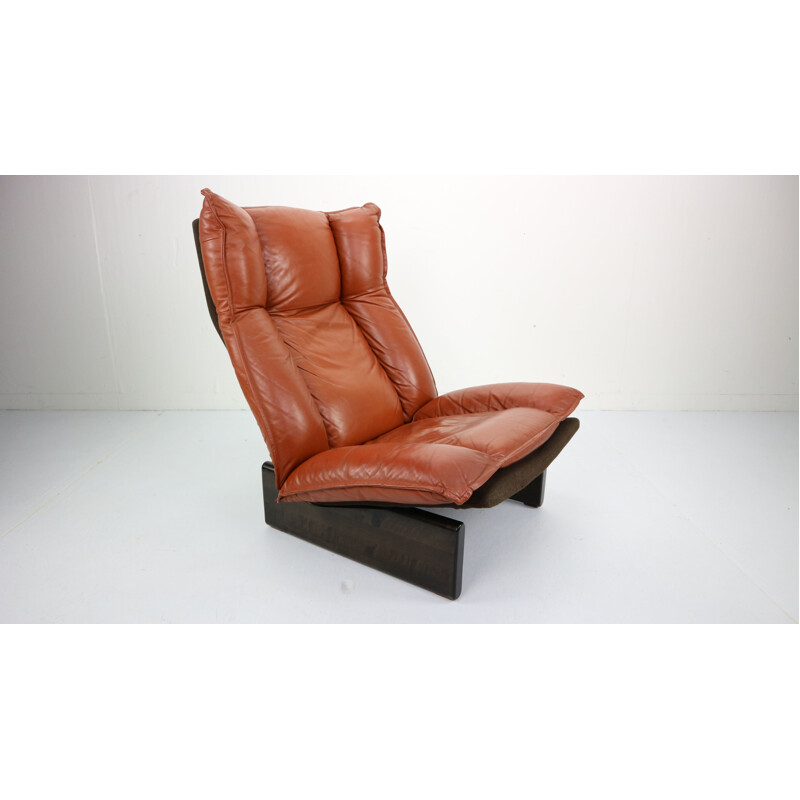 Vintage dutch armchair in cognac leather and wood 1970