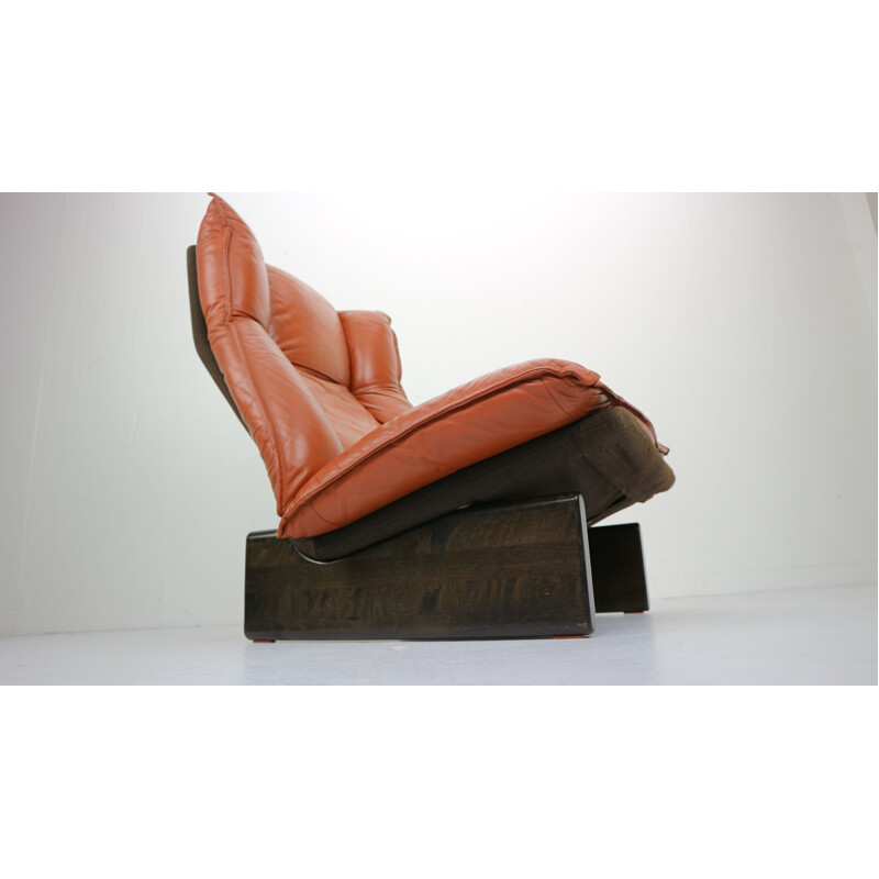 Fauteuil vintage hollandais en cuir cognac et bois 1970