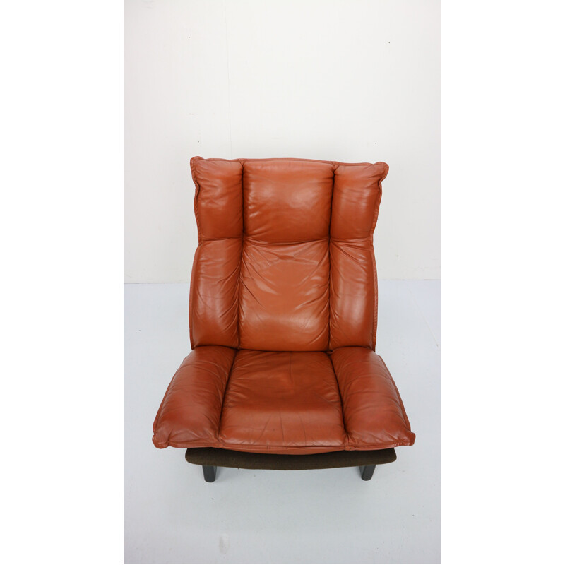 Vintage dutch armchair in cognac leather and wood 1970