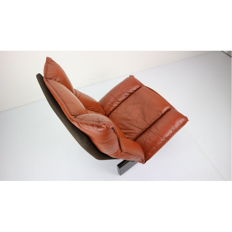 Vintage dutch armchair in cognac leather and wood 1970