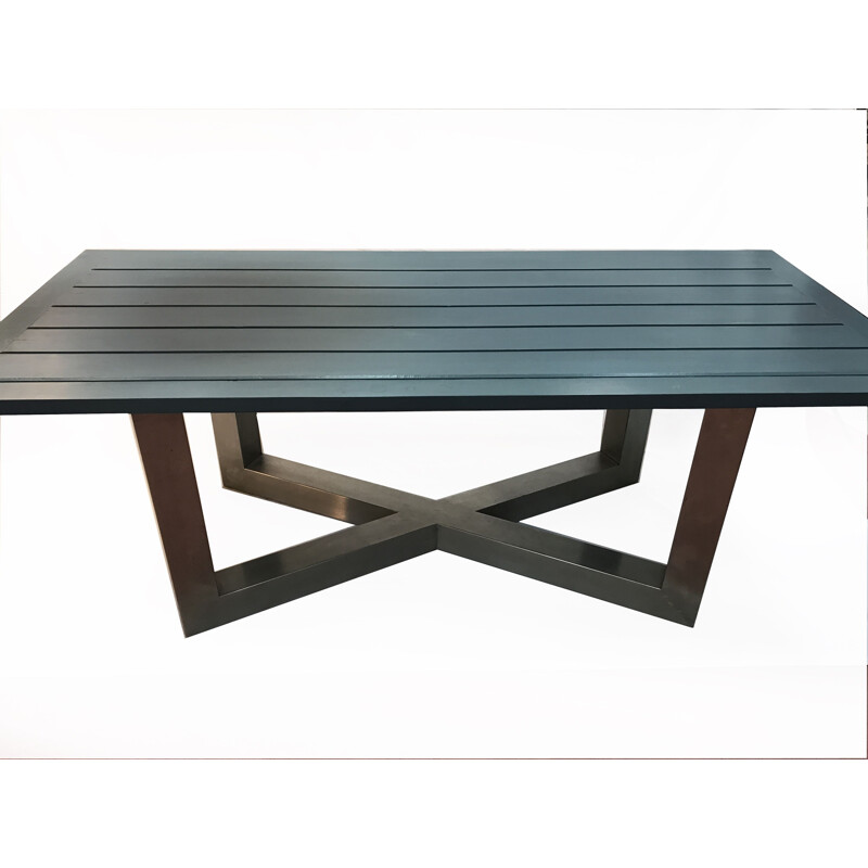 Vintage blauwe tafel in roestvrij staal en hout 1940