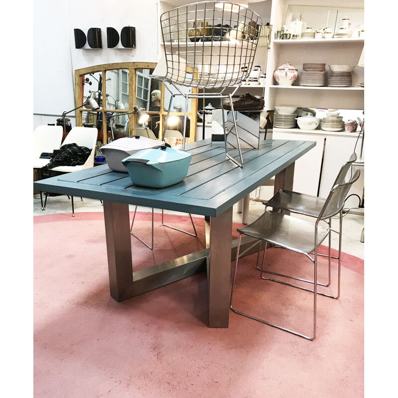 Vintage table in blue stainless steel and wood 1940