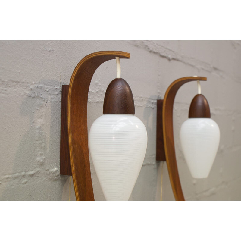Set of 2 vintage wall lamps for Luxus in teakwood and glass 1960