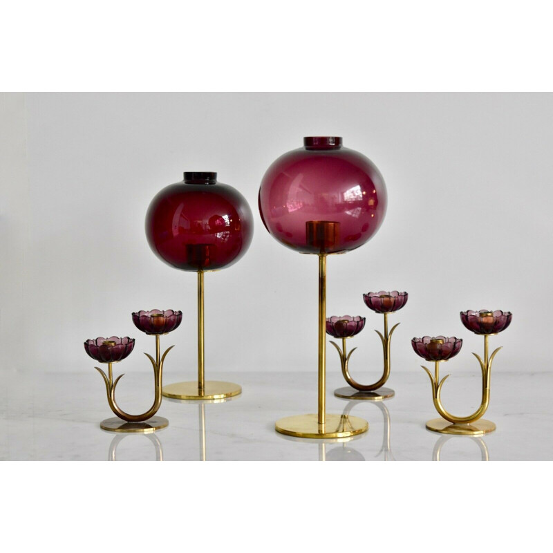 Vintage L 2430 purple candlestick by Jakobsson in brass and glass 1950