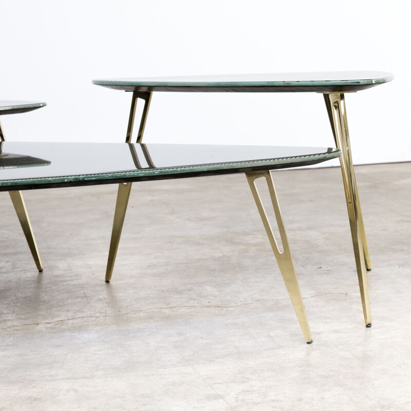 Set of 3 vintage italian coffee tables for Baxter in wood and brass