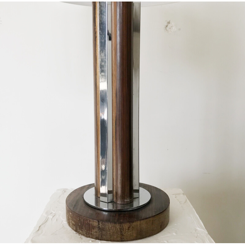 Lampe vintage française en métal et bois exotique 1950