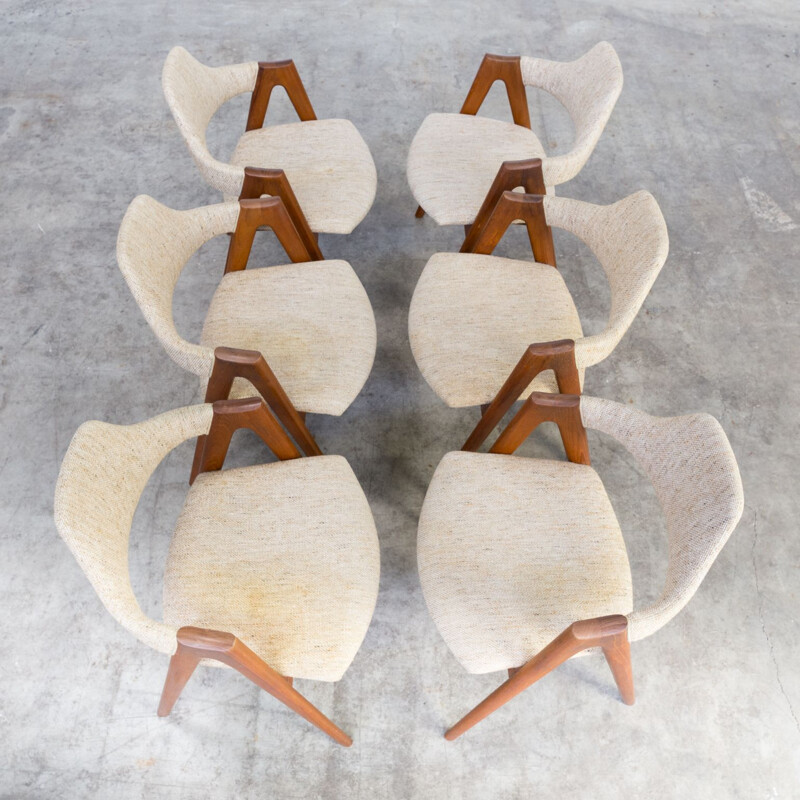 Set of 6 vintage Compass chairs for SVA in beige fabric and teakwood 1960