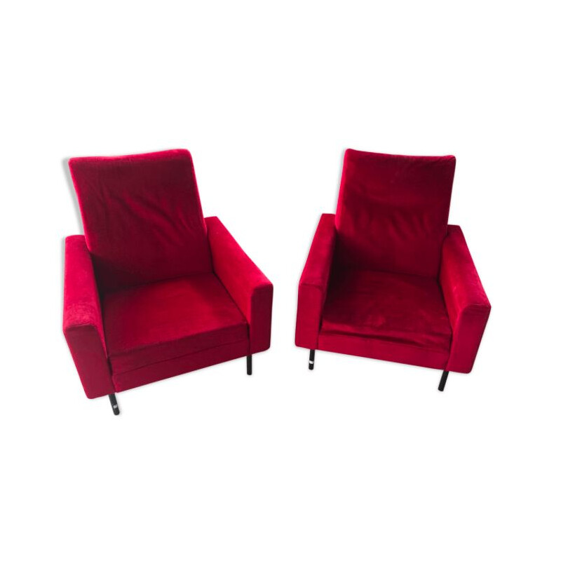 Paire de fauteuils vintage pour Zol en tissu rouge et métal 1950