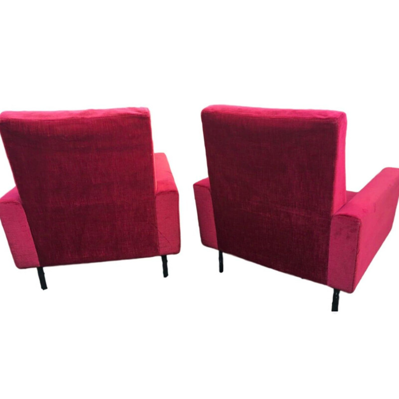 Pair of vintage armchairs for Zol in red fabric and metal 1950