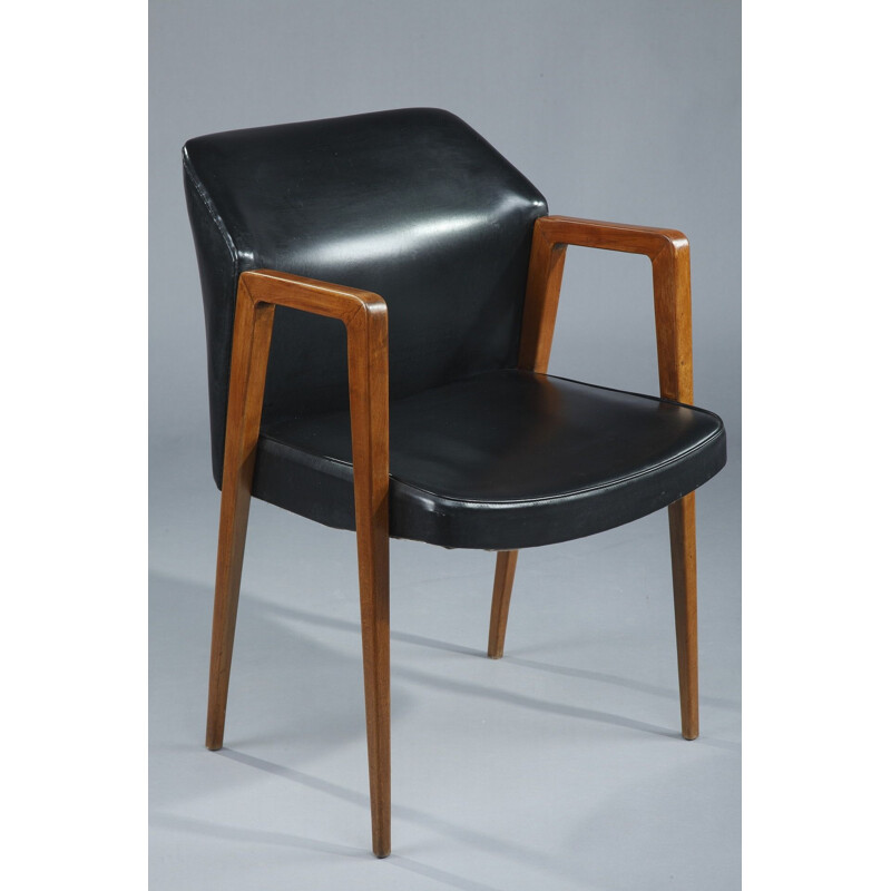 Ensemble de bureau vintage et fauteuil pour Sibast en skaï noir et palissandre