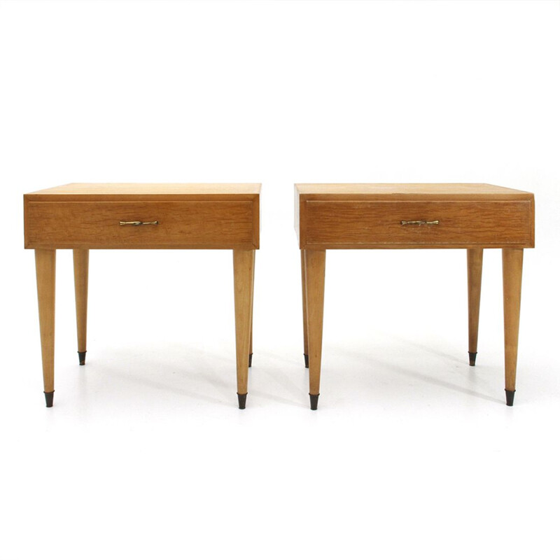 Set of 2 vintage italian night stands in wood and brass 1950