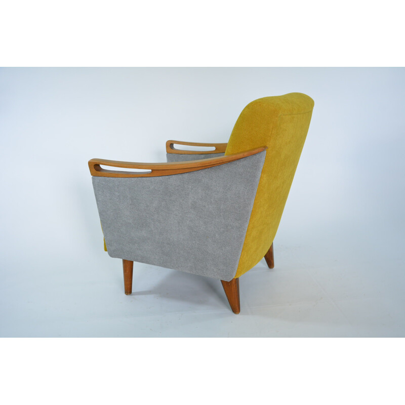 Vintage armchair in yellow and gray fabric and wood 1970