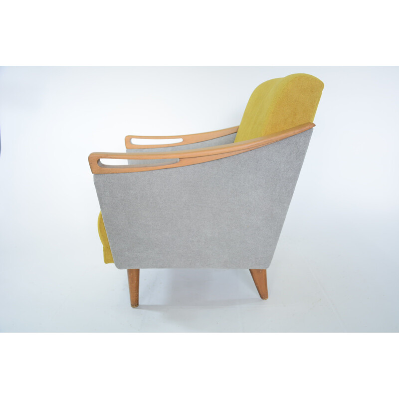 Vintage armchair in yellow and gray fabric and wood 1970