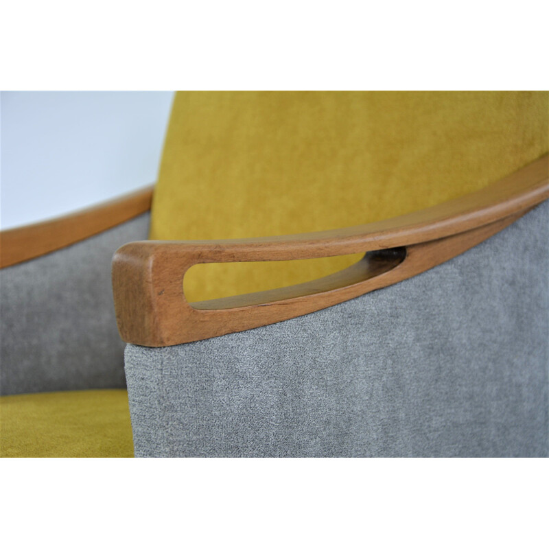 Vintage armchair in yellow and gray fabric and wood 1970