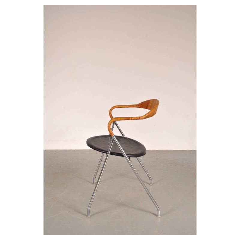 Vintage Saffa HE103 fauteuil voor Dietiker in metaal en rotan 1950