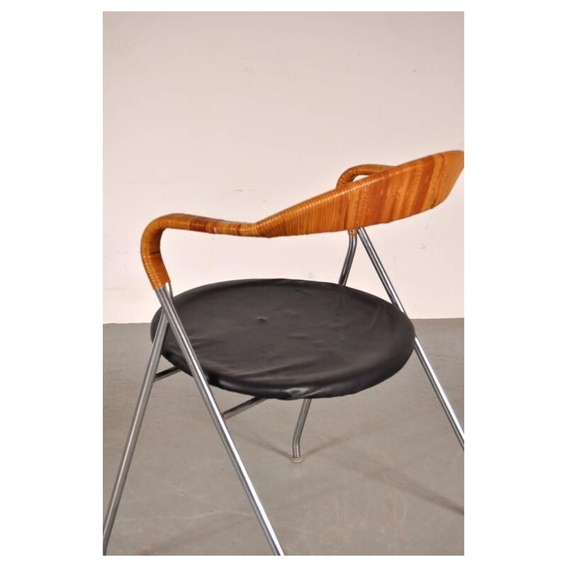 Vintage Saffa HE103 fauteuil voor Dietiker in metaal en rotan 1950