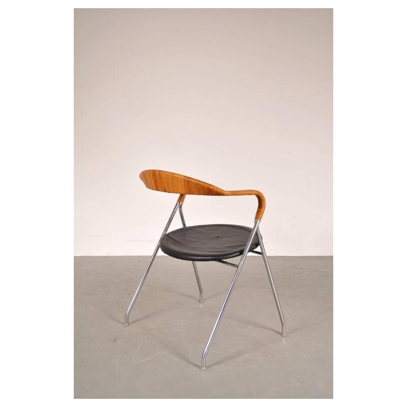 Vintage Saffa HE103 fauteuil voor Dietiker in metaal en rotan 1950