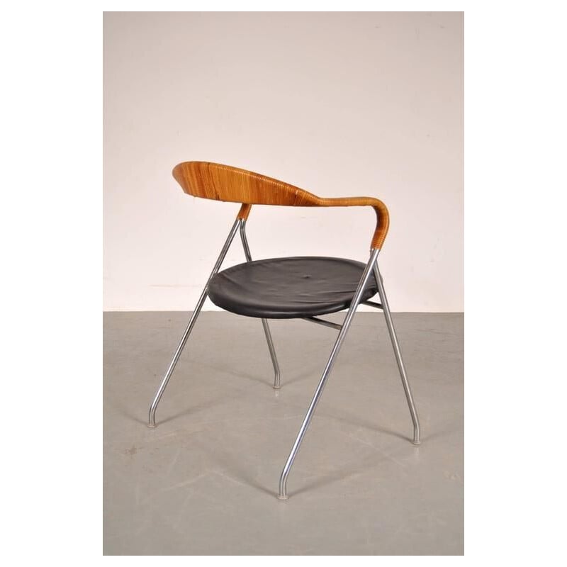 Vintage Saffa HE103 fauteuil voor Dietiker in metaal en rotan 1950
