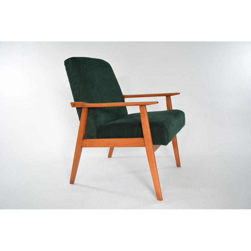 Fauteuil vintage en tissu vert et bois 1960