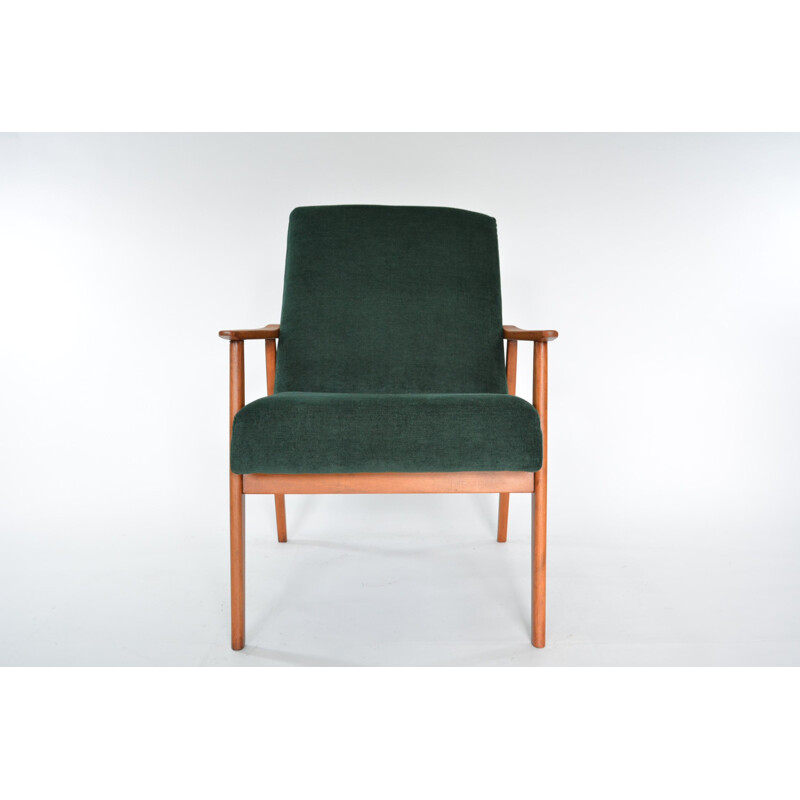 Fauteuil vintage en tissu vert et bois 1960