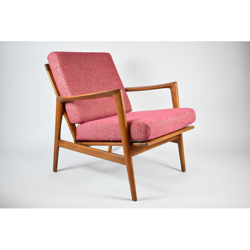 Vintage armchair in coral fabric and wood 1970