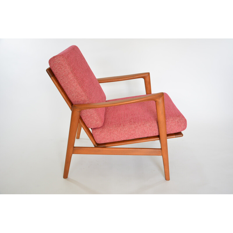 Vintage armchair in coral fabric and wood 1970
