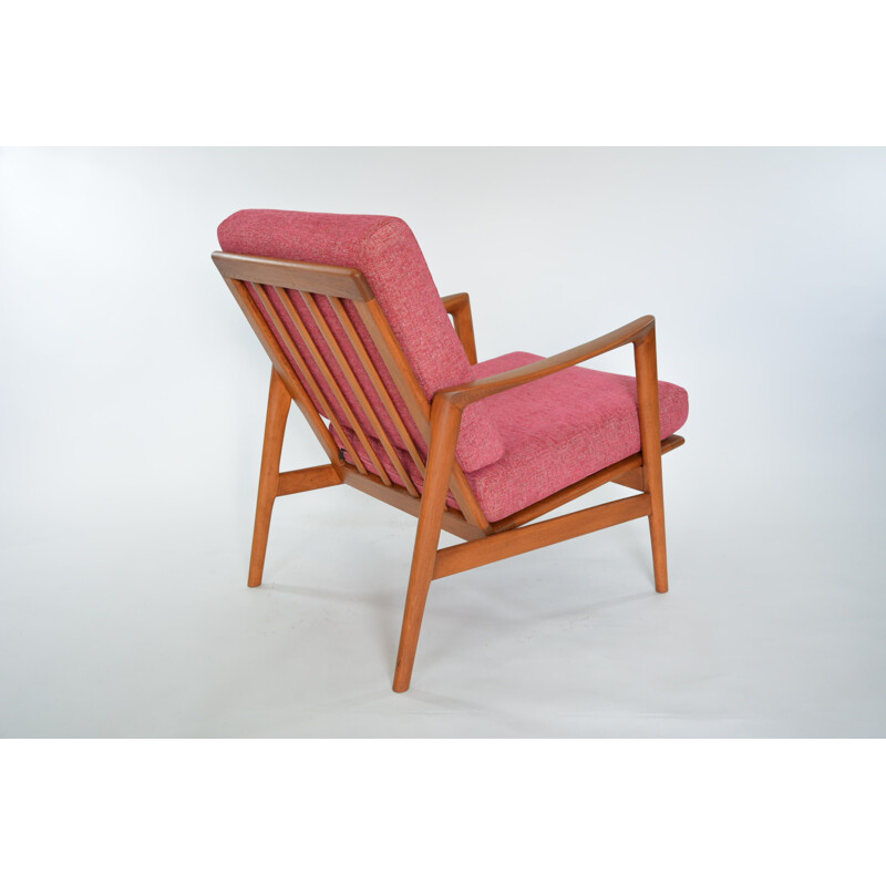 Vintage armchair in coral fabric and wood 1970