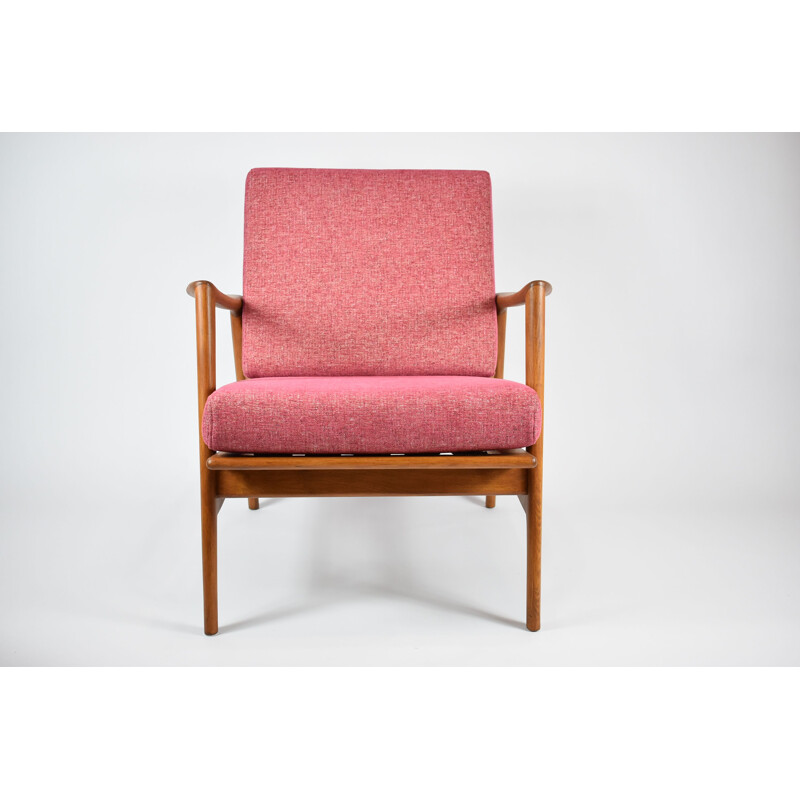 Vintage armchair in coral fabric and wood 1970