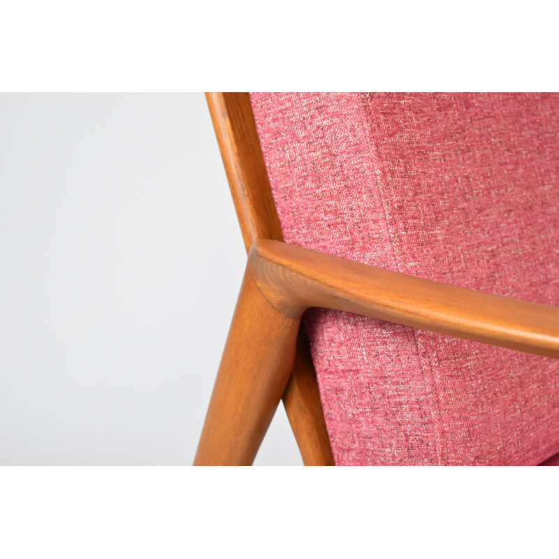 Vintage armchair in coral fabric and wood 1970