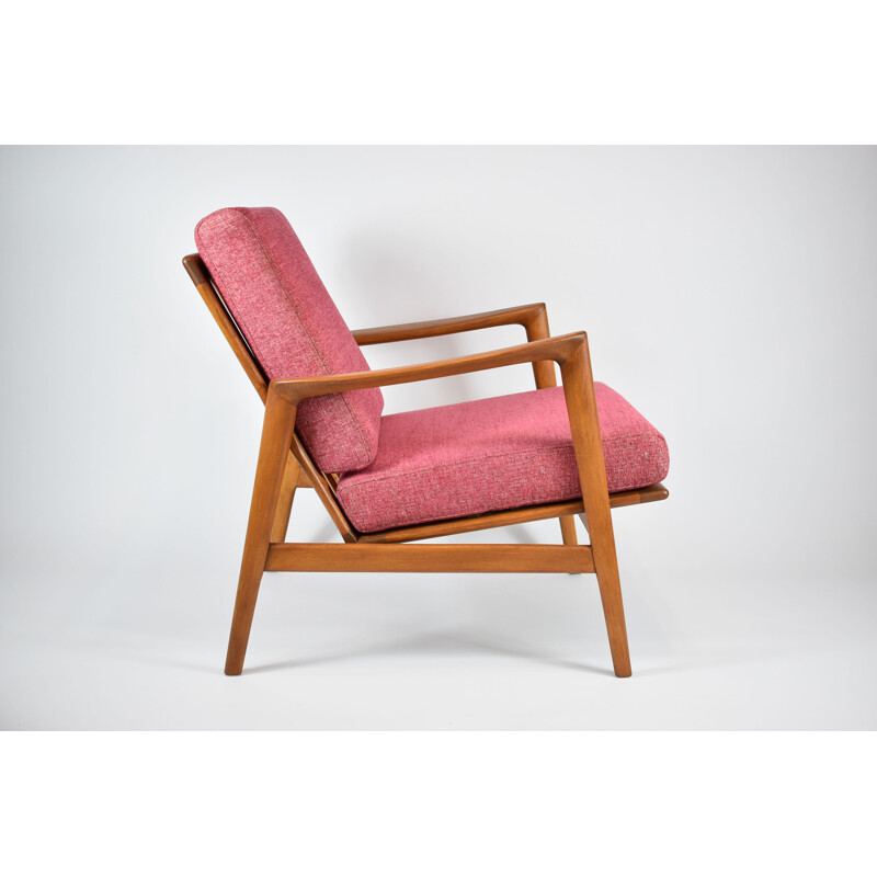 Vintage armchair in coral fabric and wood 1970