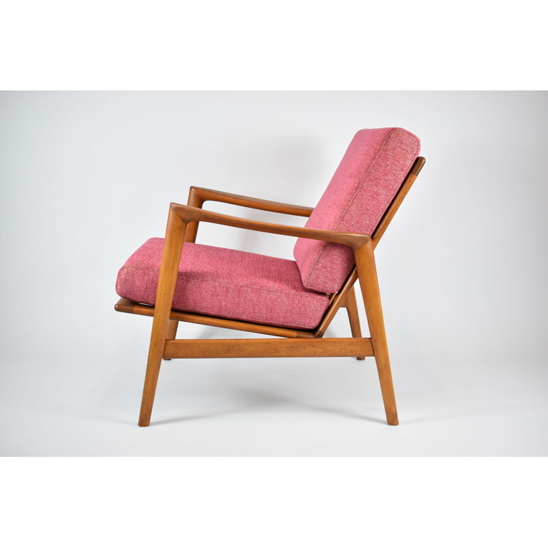 Vintage armchair in coral fabric and wood 1970