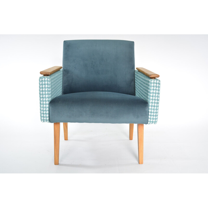 Fauteuil vintage allemand en tissu bleu et bois 1960