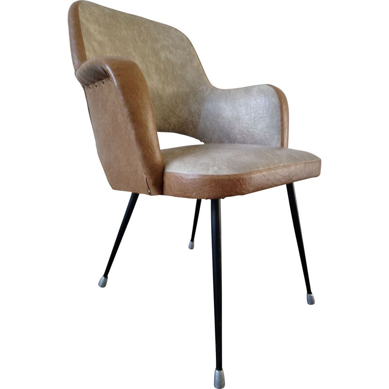 Fauteuil vintage beige et marron en skaï des années 60 