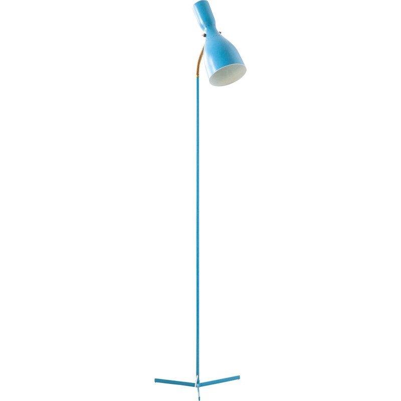 Lampadaire vintage italien tripode en métal bleu et laiton 1950