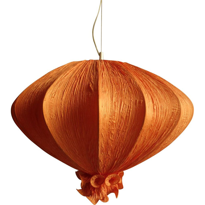 Large vintage pendant lamp in orange silk 1960