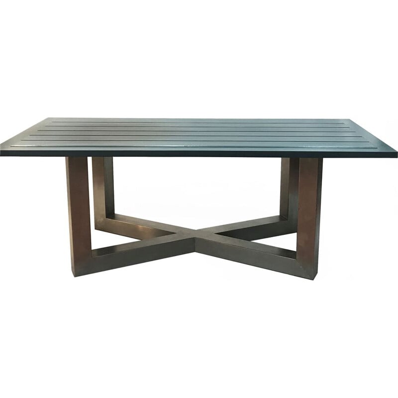 Vintage blauwe tafel in roestvrij staal en hout 1940