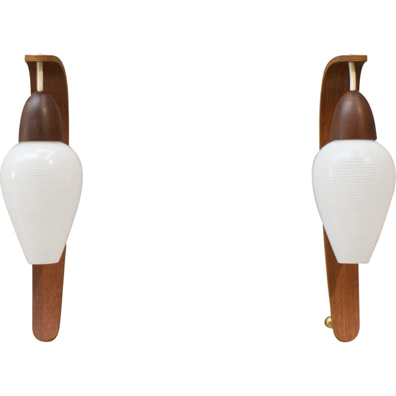 Set of 2 vintage wall lamps for Luxus in teakwood and glass 1960