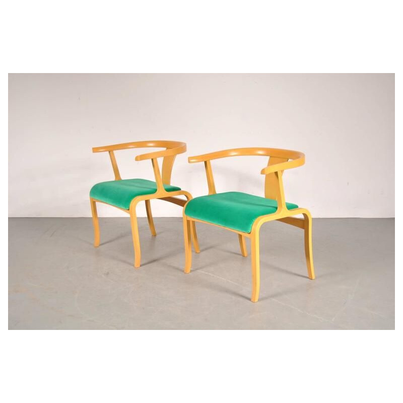 Vintage stoel van berkenhout en groen fluweel