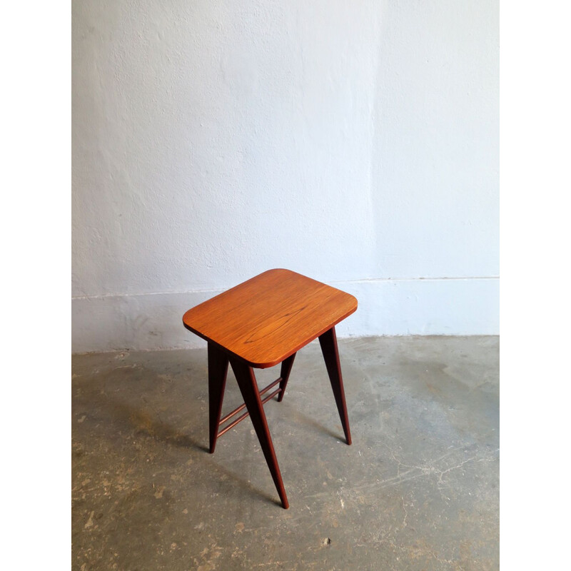 Vintage Dutch teak side table with scissor legs from the 50s