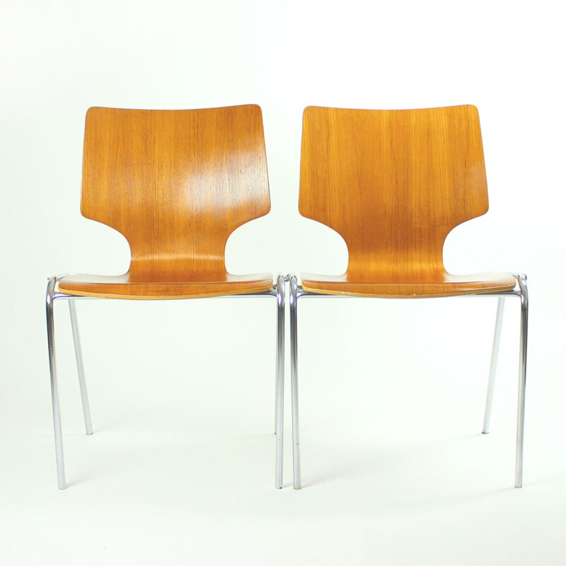 Vintage dining stackable chairs in Bended Plywood and Chromeby Adam Stegner for Flötotto,1980