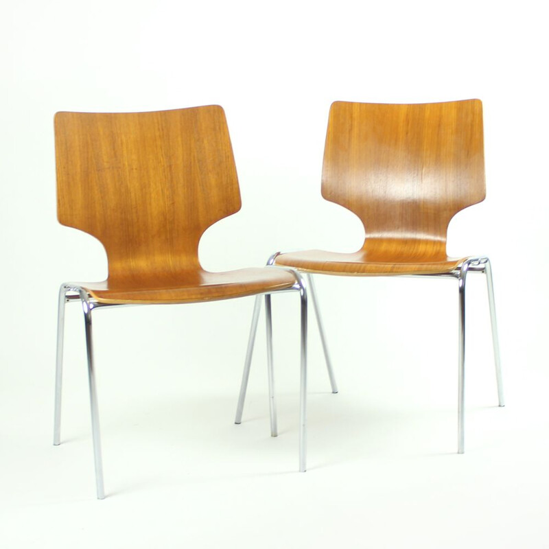 Vintage dining stackable chairs in Bended Plywood and Chromeby Adam Stegner for Flötotto,1980