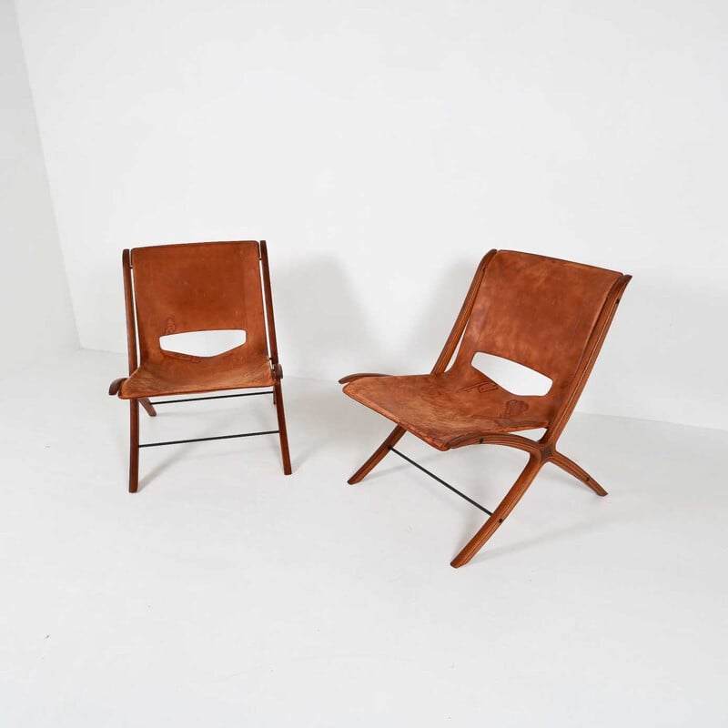 Vintage X-chair armchair for Fritz Hansen in brown leather and mahogany 1950