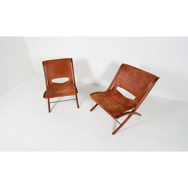 Vintage X-chair armchair for Fritz Hansen in brown leather and mahogany 1950