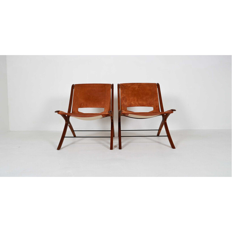 Vintage X-chair armchair for Fritz Hansen in brown leather and mahogany 1950