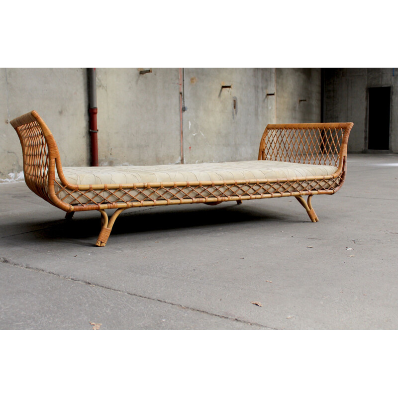 Vintage french bed in rattan and leather 1950