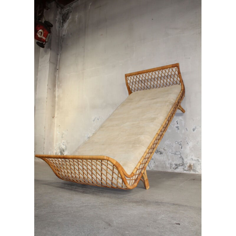 Vintage french bed in rattan and leather 1950