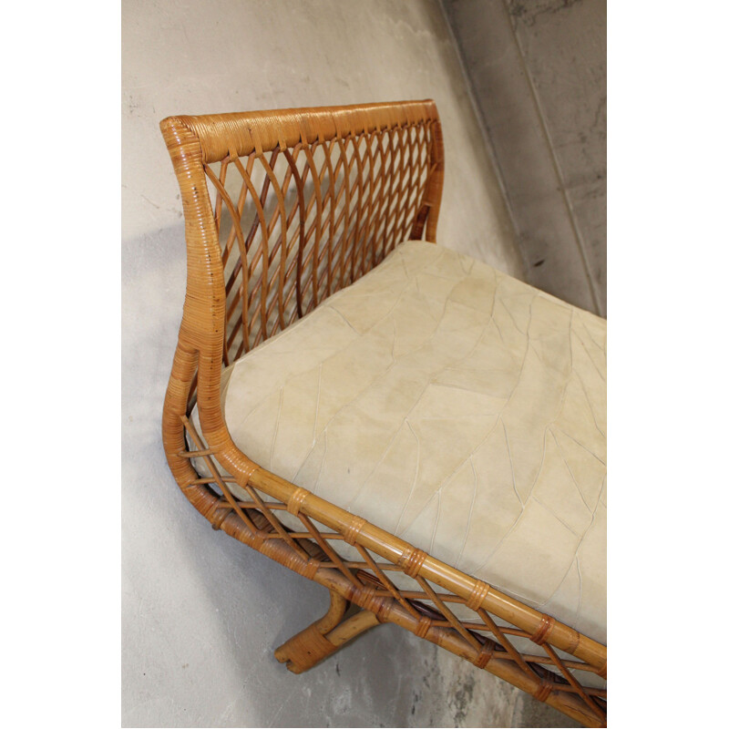 Vintage french bed in rattan and leather 1950