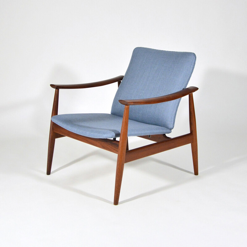 Vintage 137 armchair and 138 ottoman by Finn Juhl for France and Son in teak and blue cotton 1950