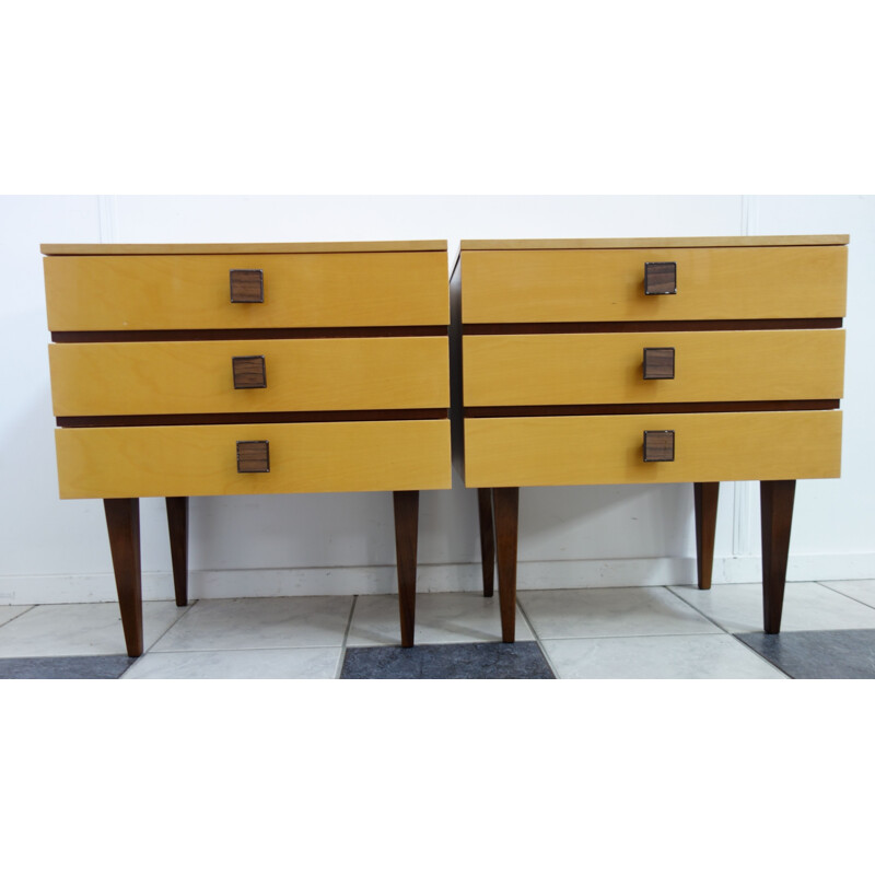 Set of 2 vintage bedside tables in wood and metal 1970